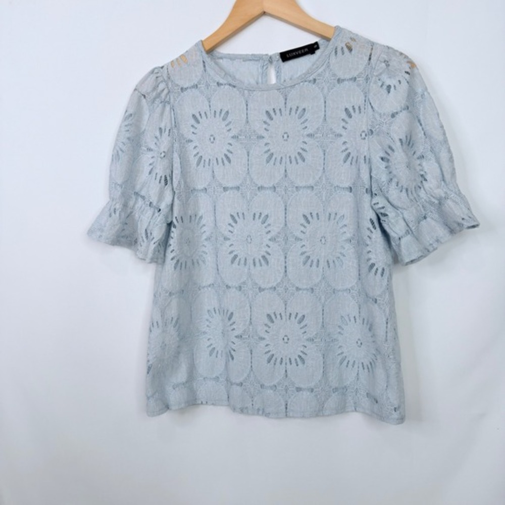 LUXVEER Lace Blouse Women Size‎ S Blue - Picture 3 of 8